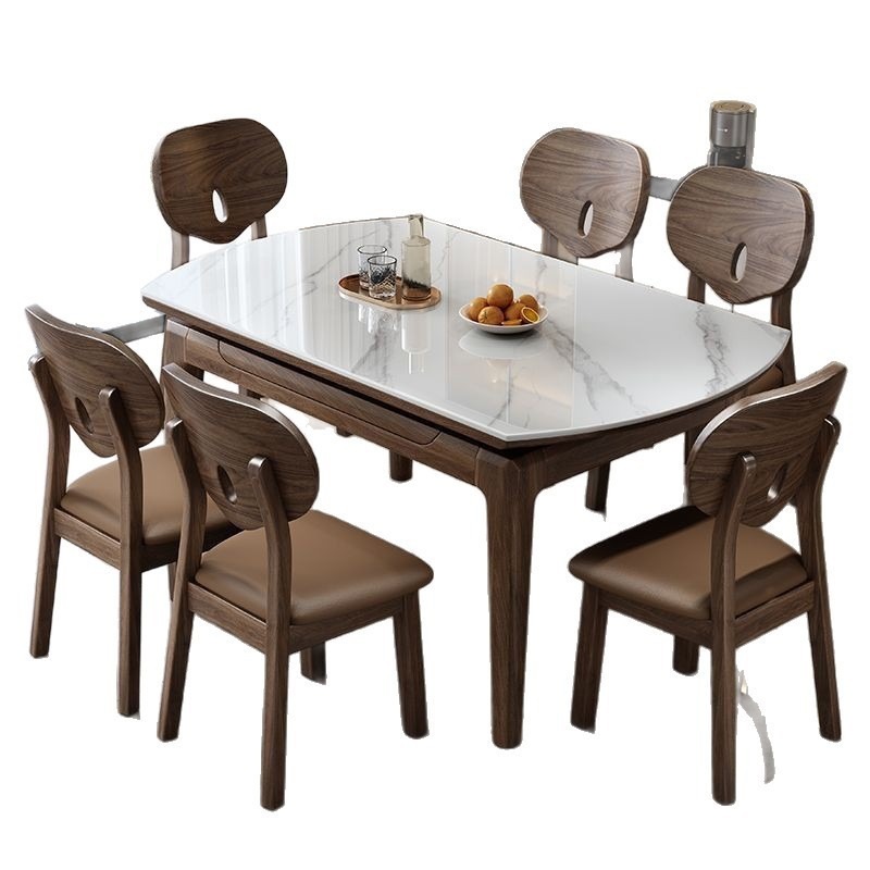 Nordic rock board solid wood dining table combination, small-sized electromagnetic stove, retractable folding, modern and simple household dining table