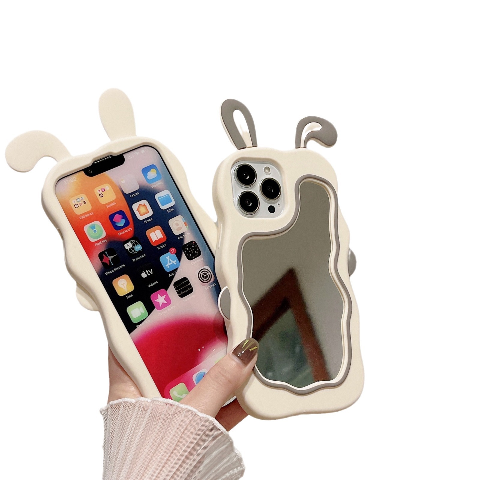 Cute Pink Rabbit Ear Makeup Mirror Suitable for iPhone 15 Promax Apple 13/12/11 Phone Case XR Silicone