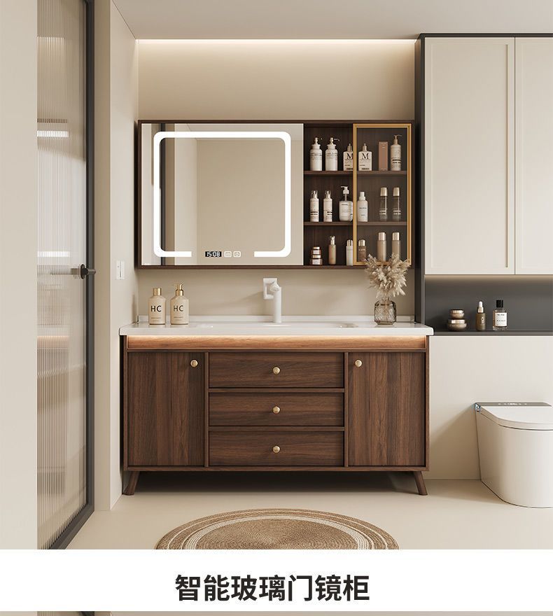 Walnut washbasin, bathroom cabinet, combination bathroom, hand washing and washing ceramic integrated washbasin, new Chinese style
