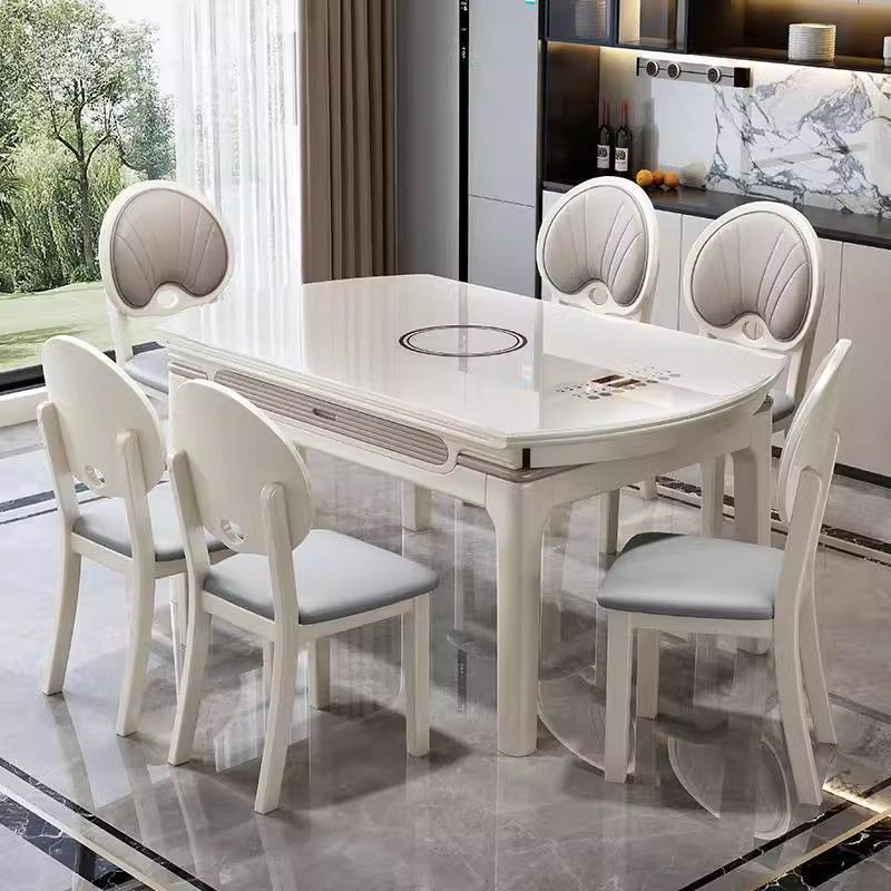 Flow crystal solid wood dining table, household induction cooker, extendable and foldable, dual-purpose, light luxury glass small household dining table