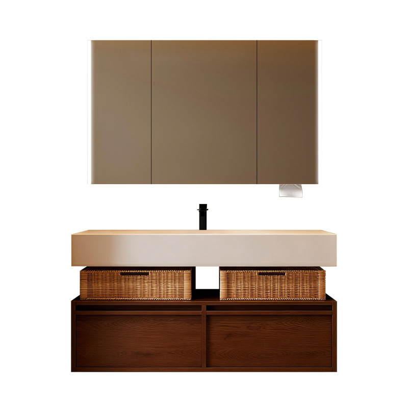 Middle ancient style rock board hot bending integrated basin hotel style bathroom cabinet Moganshan multi-layer solid wood washbasin basin cabinet combination