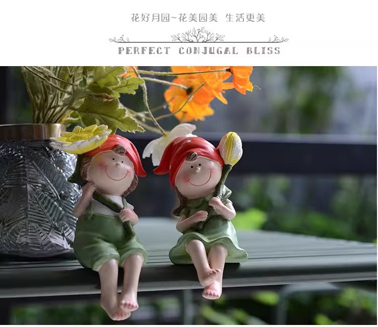 Balcony Cute Garden Doll Ornament Courtyard Home Cartoon Countryside Style Boy and Girl Resin Decorations Desktop