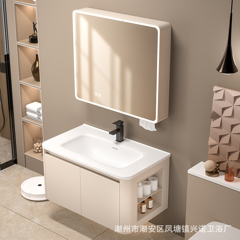 Cream wind honeycomb aluminum bathroom cabinet washbasin mirror cabinet combination bathroom ceramic integrated washbasin washbasin sink