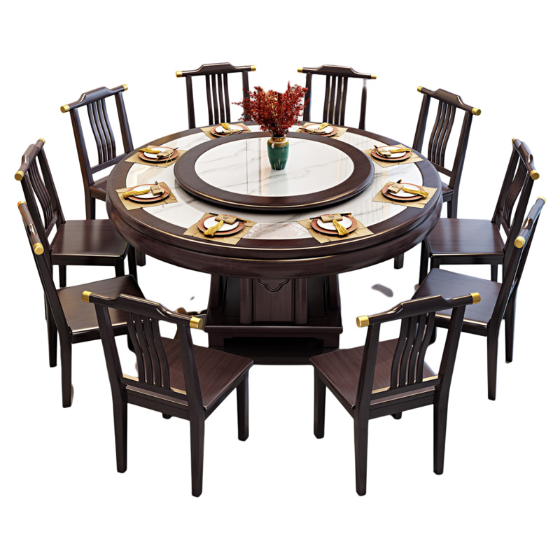 New Chinese style rock slab large round table marble dining table and chair combination solid wood circular dining table with large induction cooker function