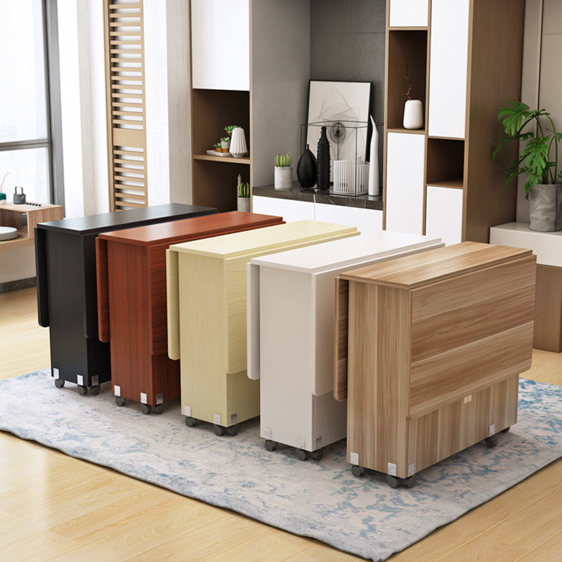 Wooden folding dining table for household small unit rectangular simple and easy to stretch mobile dining table for 4-6 people