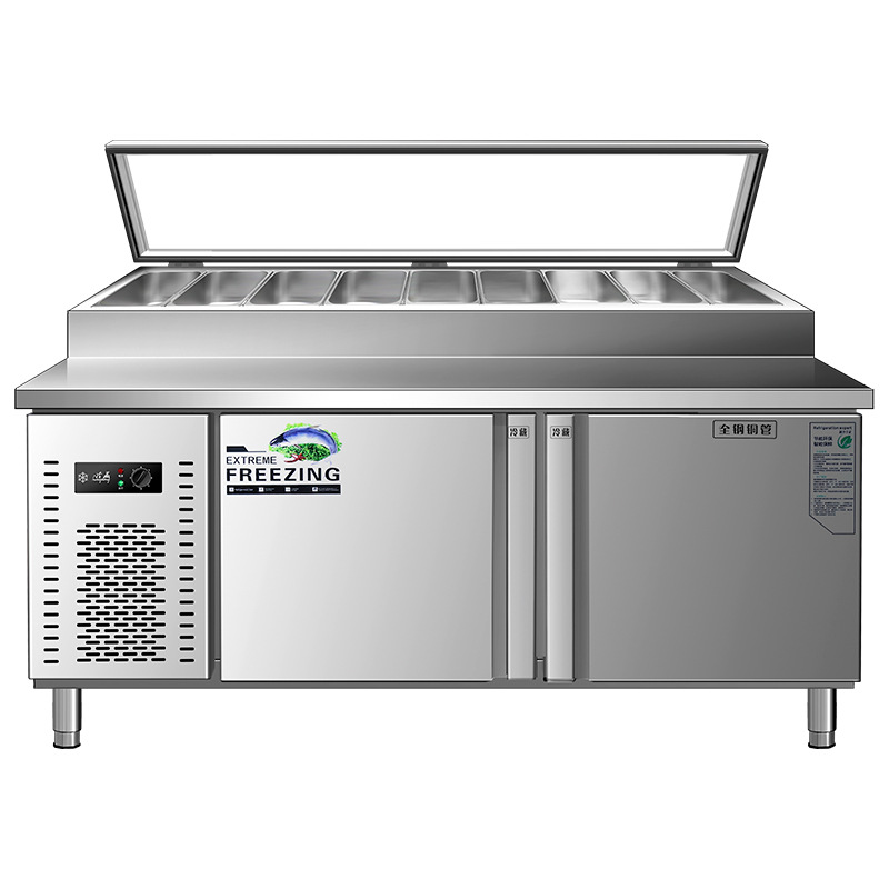 Cross border commercial refrigerated pizza spreading table display cabinet refrigerator air-cooled operation table slotted blue light salad table fruit