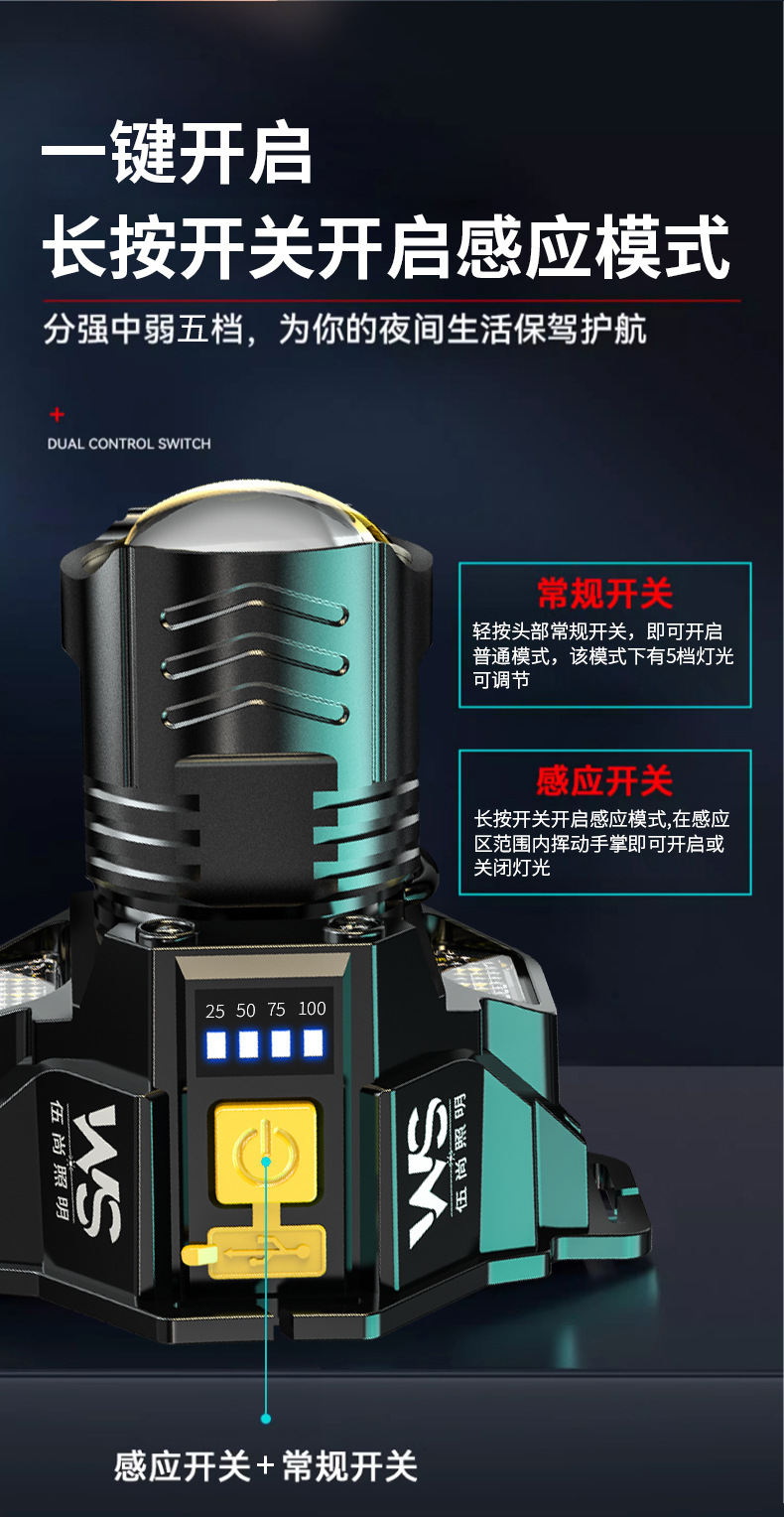 DaKe cross-border ultra bright light night fishing induction mine USB charging emergency intelligent head mounted outdoor lighting