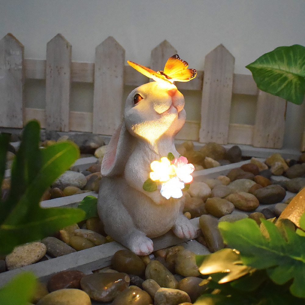 Outdoor solar powered luminous cat and rabbit shaped lamp, creative resin ornament, courtyard landscape garden decoration lamp