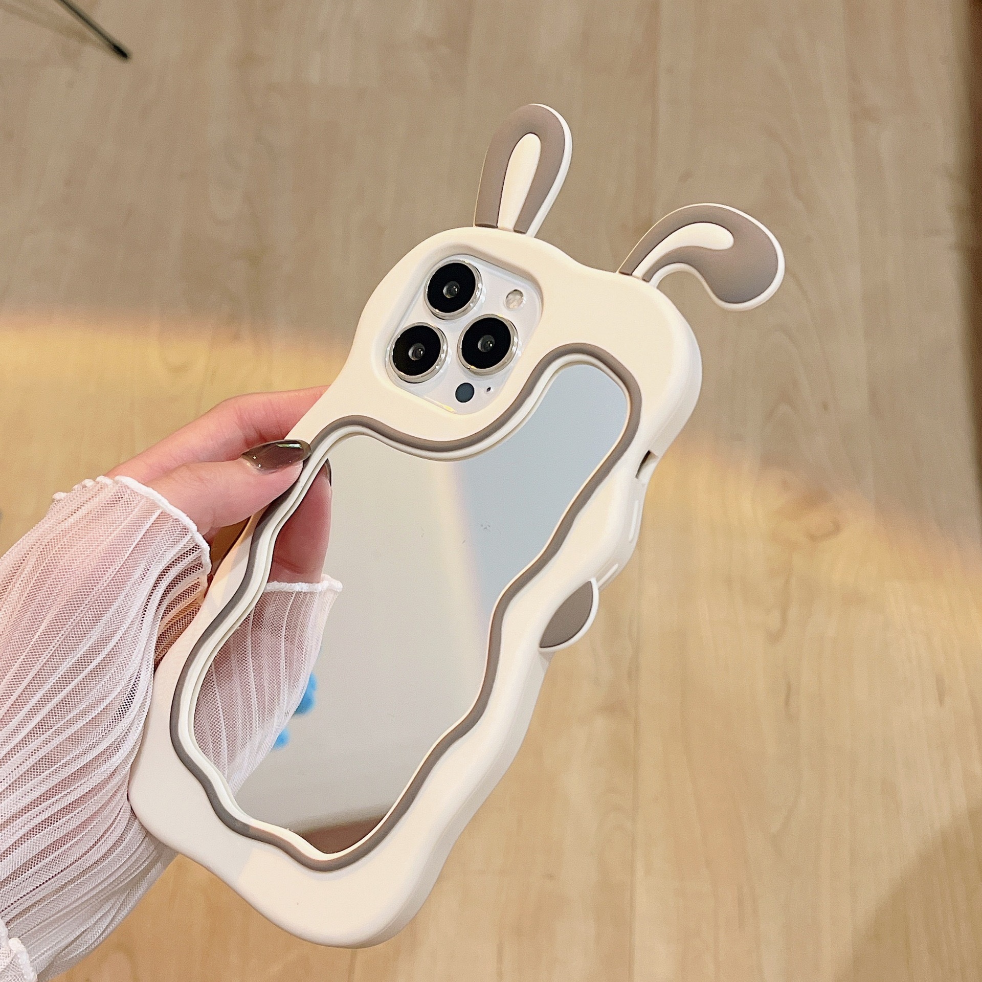 Cute Pink Rabbit Ear Makeup Mirror Suitable for iPhone 15 Promax Apple 13/12/11 Phone Case XR Silicone
