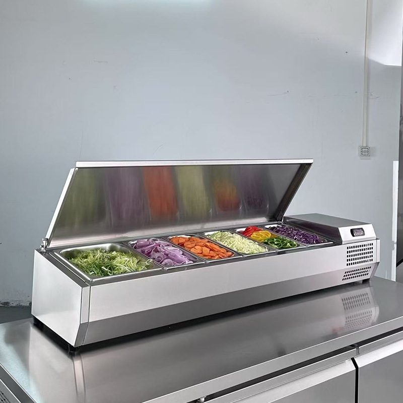 Freshness preserving desktop salad stand, refrigerated display cabinet, pizza freezer, operation desk, ingredient dispensing, dessert freezer, customized salad stand