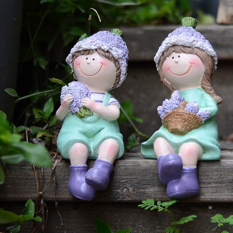 Balcony Cute Garden Doll Ornament Courtyard Home Cartoon Countryside Style Boy and Girl Resin Decorations Desktop