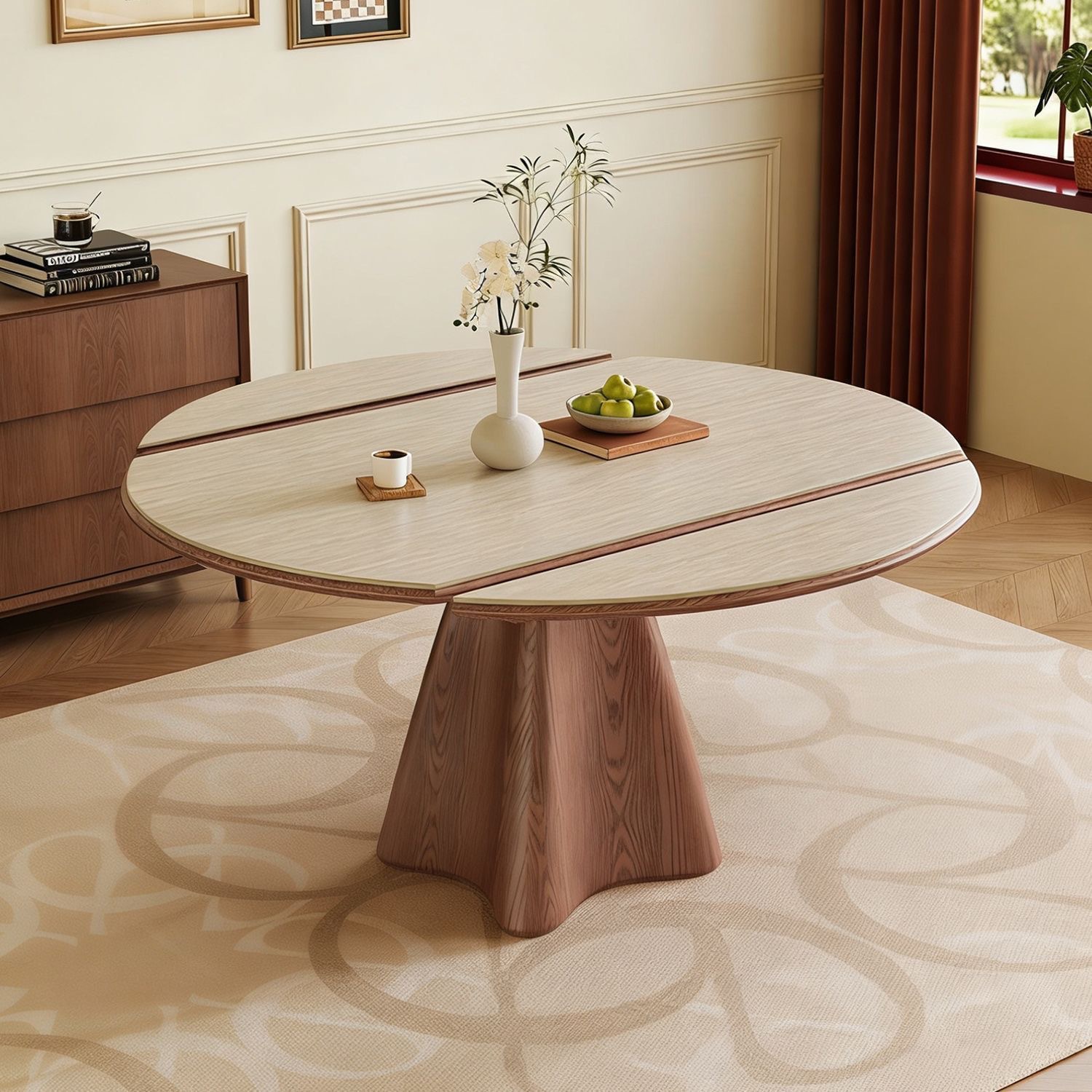 Cave stone rock board solid wood telescopic dining table, circular antique style, household small unit variable round table, wabi sabi folding dining table