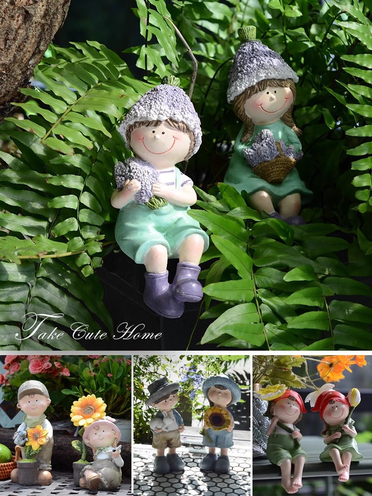 Balcony Cute Garden Doll Ornament Courtyard Home Cartoon Countryside Style Boy and Girl Resin Decorations Desktop