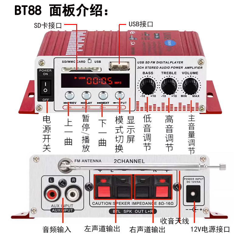 Компактный HiFi усилитель LDZS BT88 12V Bluetooth