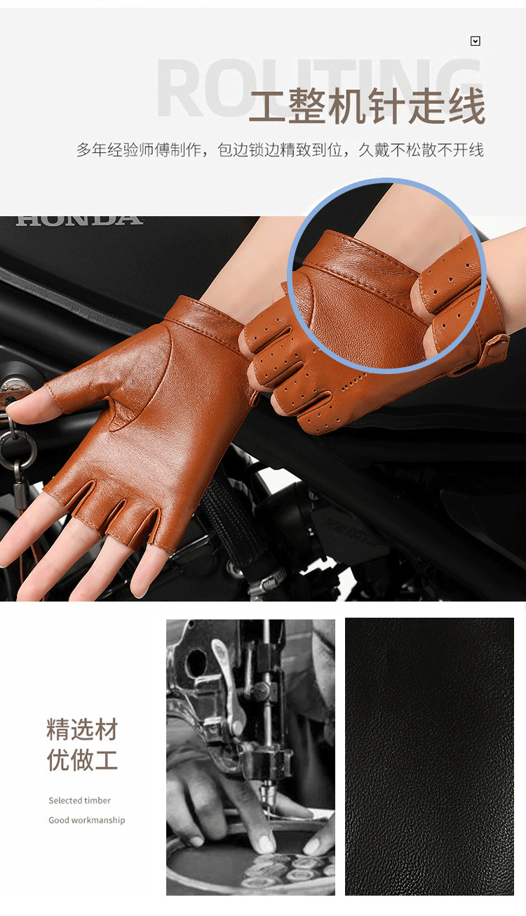 Real leather half finger gloves for women in spring and autumn, thin, breathable, perforated, cycling, motorcycle, road bike, top layer sheepskin