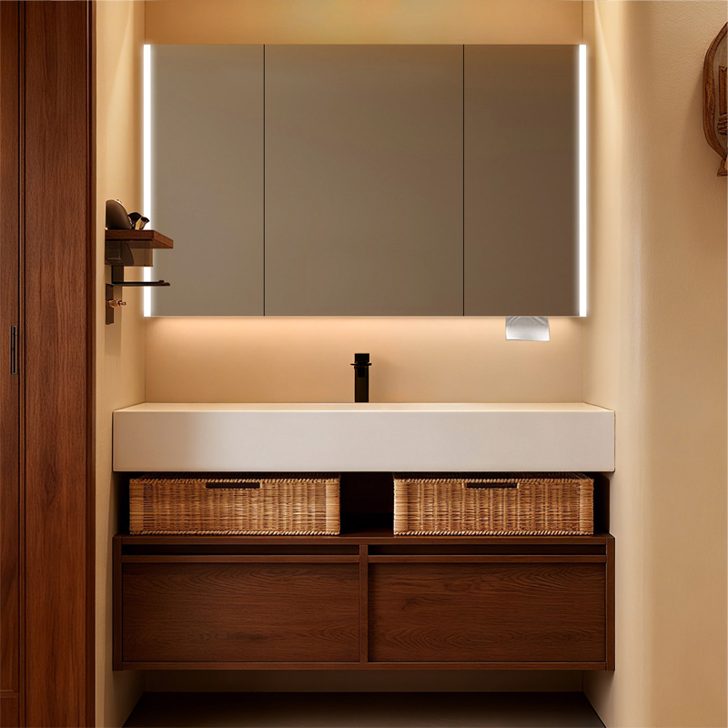 Middle ancient style rock board hot bending integrated basin hotel style bathroom cabinet Moganshan multi-layer solid wood washbasin basin cabinet combination