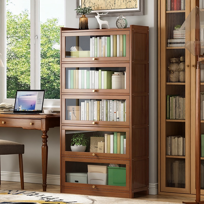 Bookshelf storage rack, floor standing bookshelf with door, multi-layer dust-proof bamboo storage rack, living room simple display storage rack