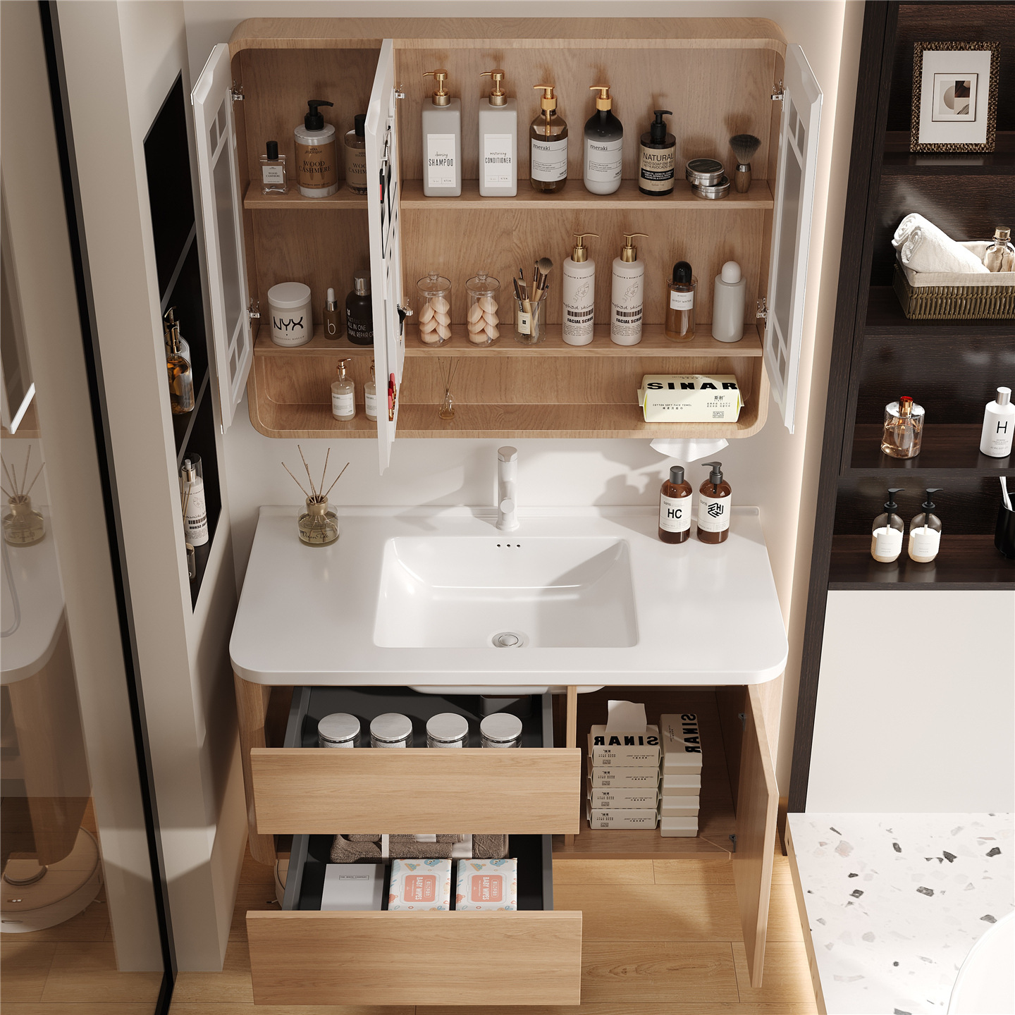 Wooden color Japanese style space aluminum honeycomb curved bathroom cabinet combined with ceramic integrated washbasin, washbasin, and washbasin