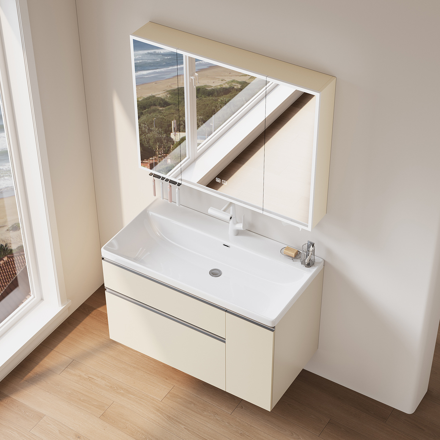Xiaohongshu's same cream washbasin basket space aluminum bathroom cabinet ceramic washbasin integrated combination multifunctional