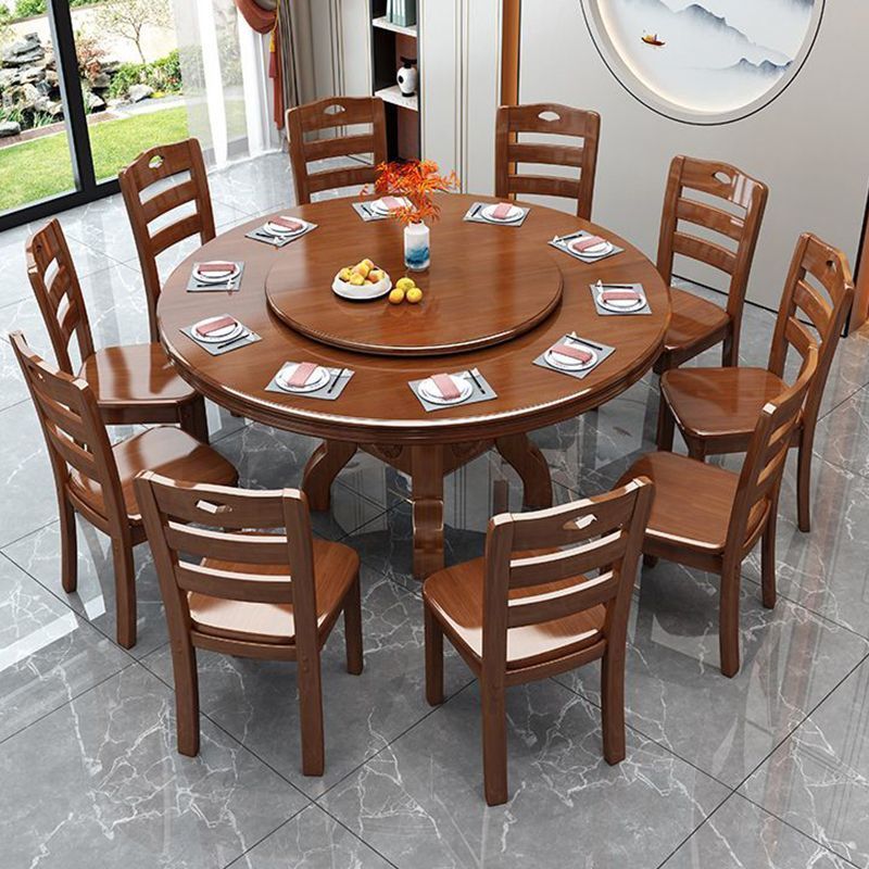 Chinese solid wood round table dining table, household solid wood induction cooker dining table turntable combination, hotel carved round dining table dining table