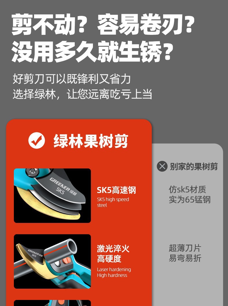 绿林SK5修枝剪贴合手掌久握不累 粗枝省力园艺剪刀园林专用花枝