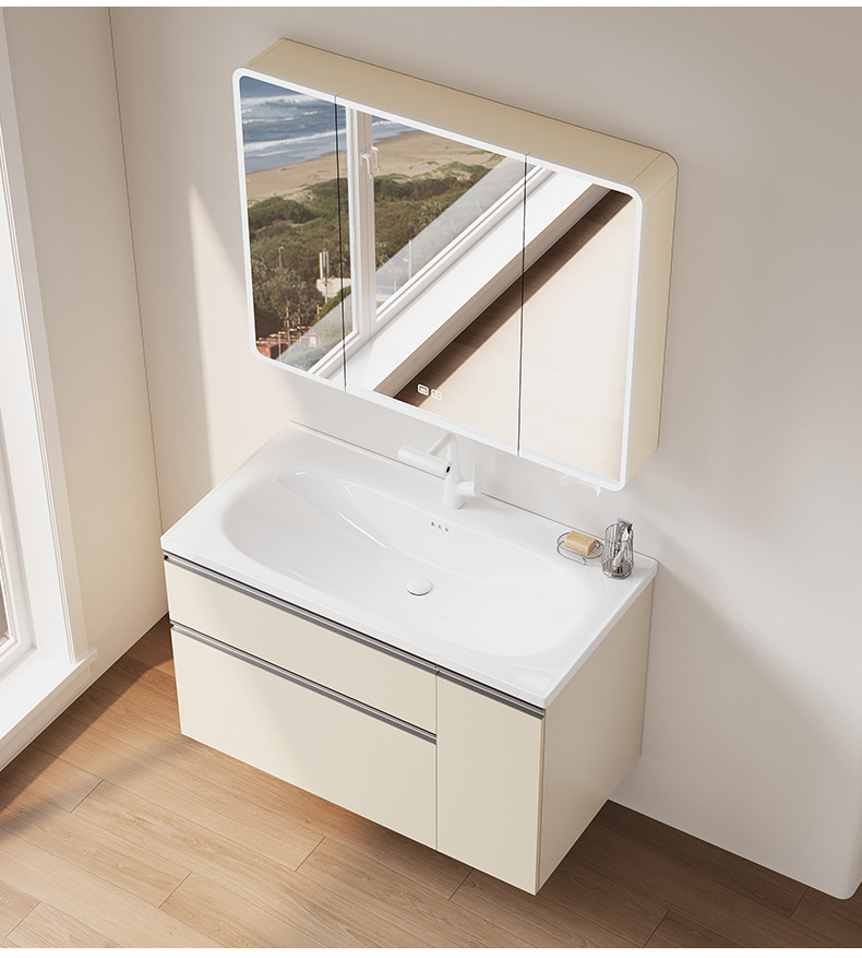 Xiaohongshu's same cream washbasin basket space aluminum bathroom cabinet ceramic washbasin integrated combination multifunctional