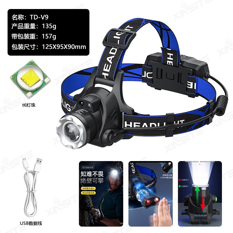 Cross border outdoor zoom induction strong bald head light, long endurance lithium battery head mounted explosive dual light source fishing light, mining light