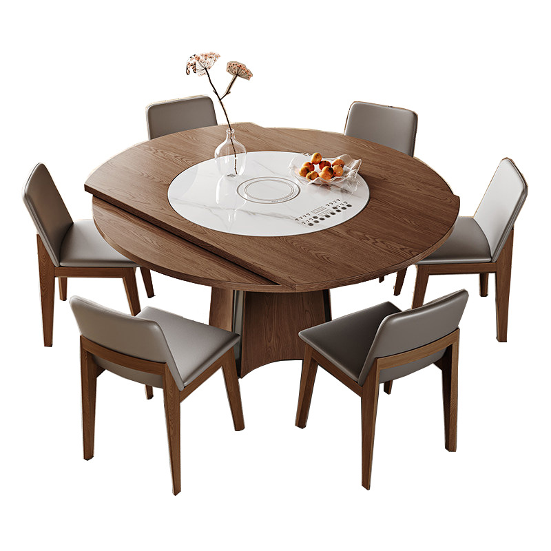 Middle ancient style solid wood rock board jumping table, household embedded warm cutting board, electromagnetic stove, rotatable telescopic dining table