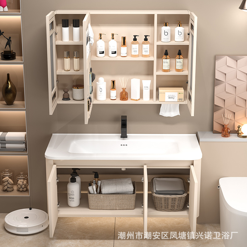 Cream wind honeycomb aluminum bathroom cabinet washbasin mirror cabinet combination bathroom ceramic integrated washbasin washbasin sink