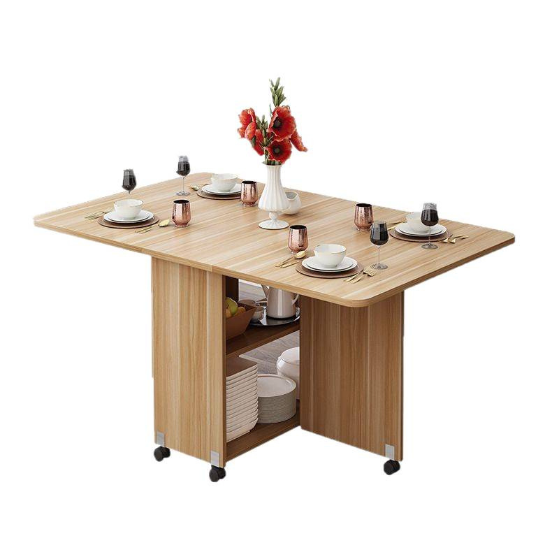 Wooden folding dining table for household small unit rectangular simple and easy to stretch mobile dining table for 4-6 people