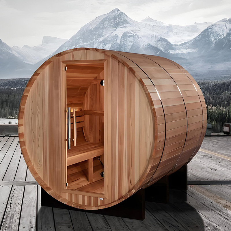 Factory supplied non-standard solid wood hemlock cylindrical sauna room with tiles and movable outdoor sweat steam room traditional