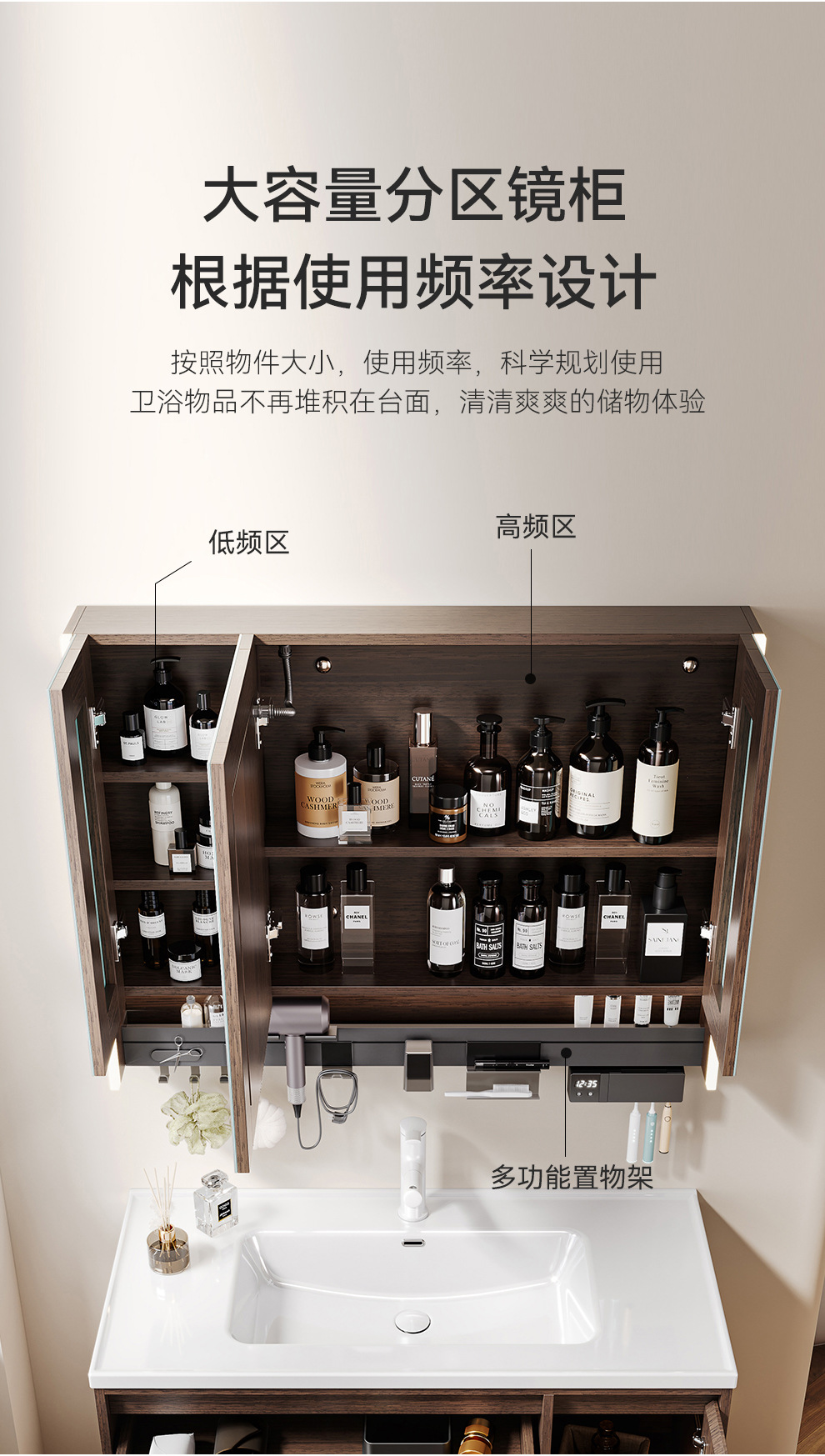 Middle ancient style solid wood bathroom cabinet, ceramic integrated basin, washbasin integrated countertop, walnut double drawer storage bathroom cabinet