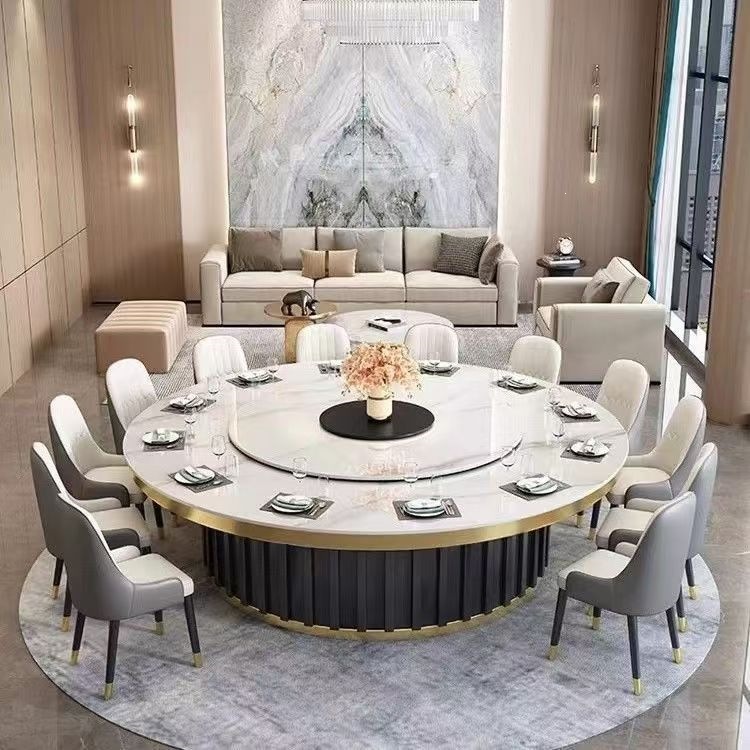 Light luxury hotel rock slab electric dining table, round table with turntable, restaurant commercial induction cooker, dining table for 30 people, dining together