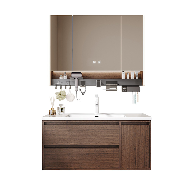 Middle ancient style solid wood bathroom cabinet, ceramic integrated basin, washbasin integrated countertop, walnut double drawer storage bathroom cabinet