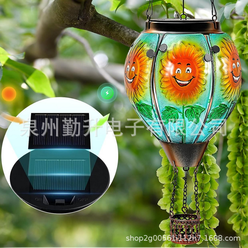 新款太阳能热气球灯水滴灯户外铁艺玻璃吊灯跨境花园装饰灯庭院灯
