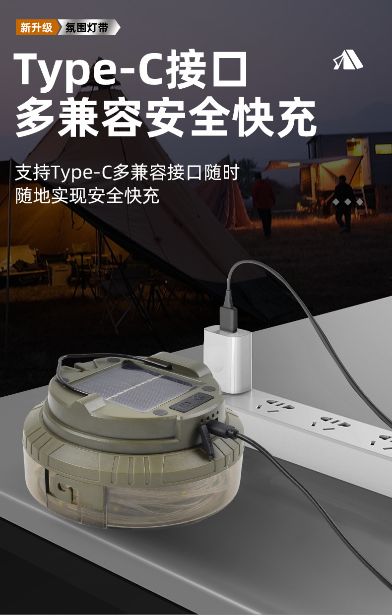 Cross border new solar powered 20 meter camping light tape measure storage LED camping light string tent emergency atmosphere