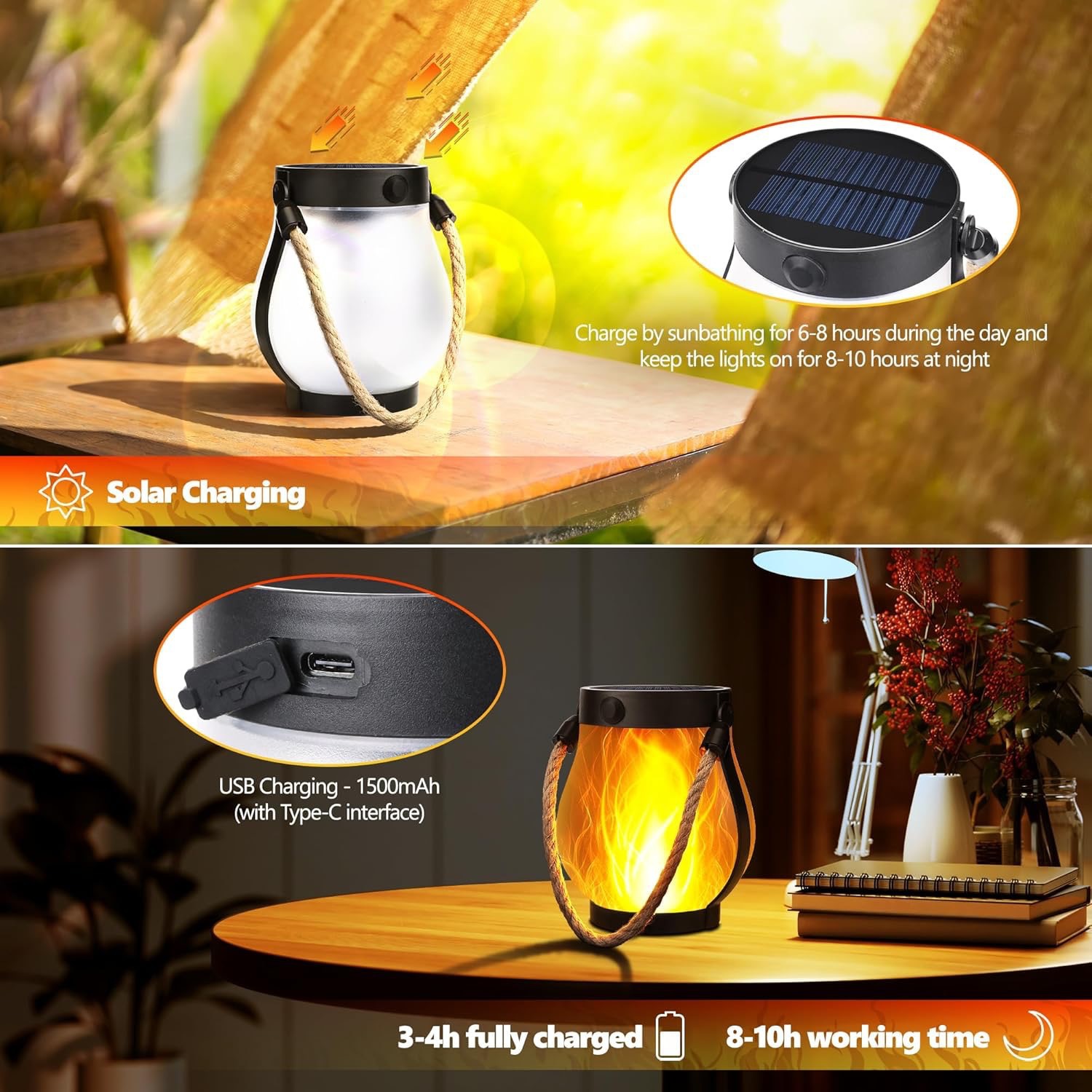 Cross border solar flame lamp hemp rope lantern courtyard garden decoration Mason lamp solar USB courtyard lamp