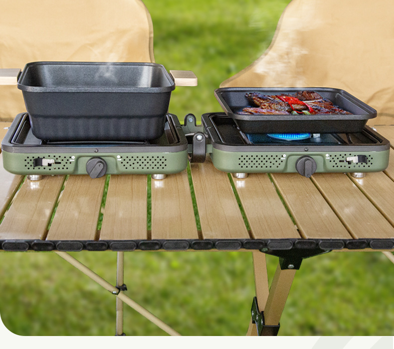 Outdoor picnic, card stove, camping stove, folding and portable double head gas stove, picnic, barbecue, strong fire stove
