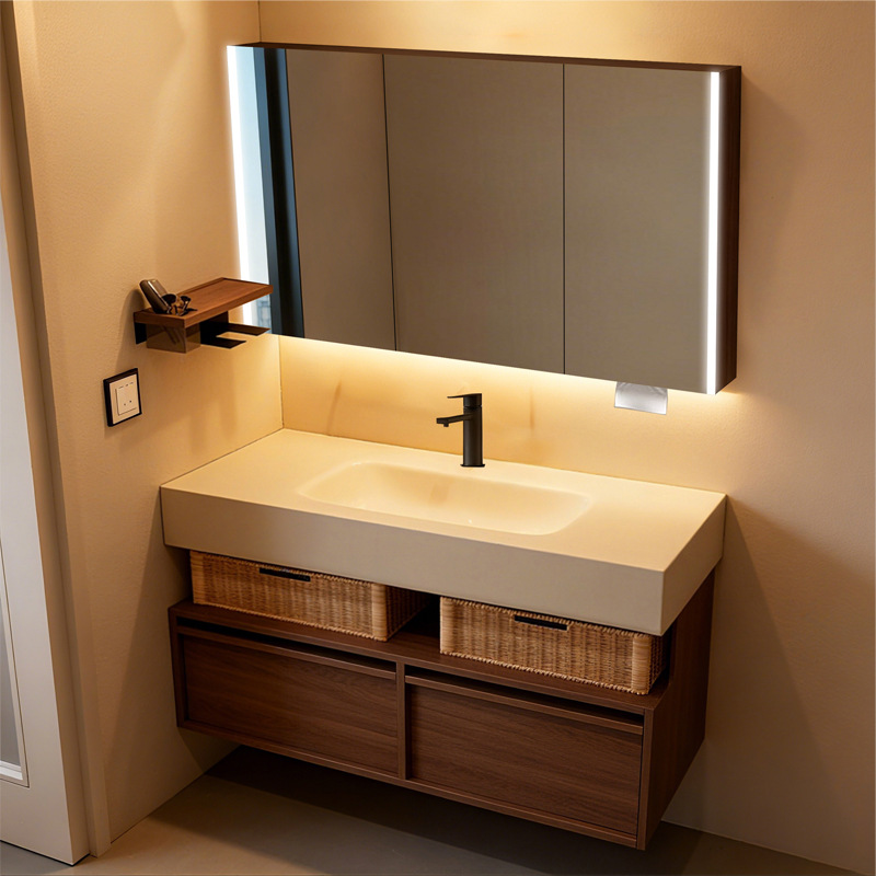 Middle ancient style rock board hot bending integrated basin hotel style bathroom cabinet Moganshan multi-layer solid wood washbasin basin cabinet combination
