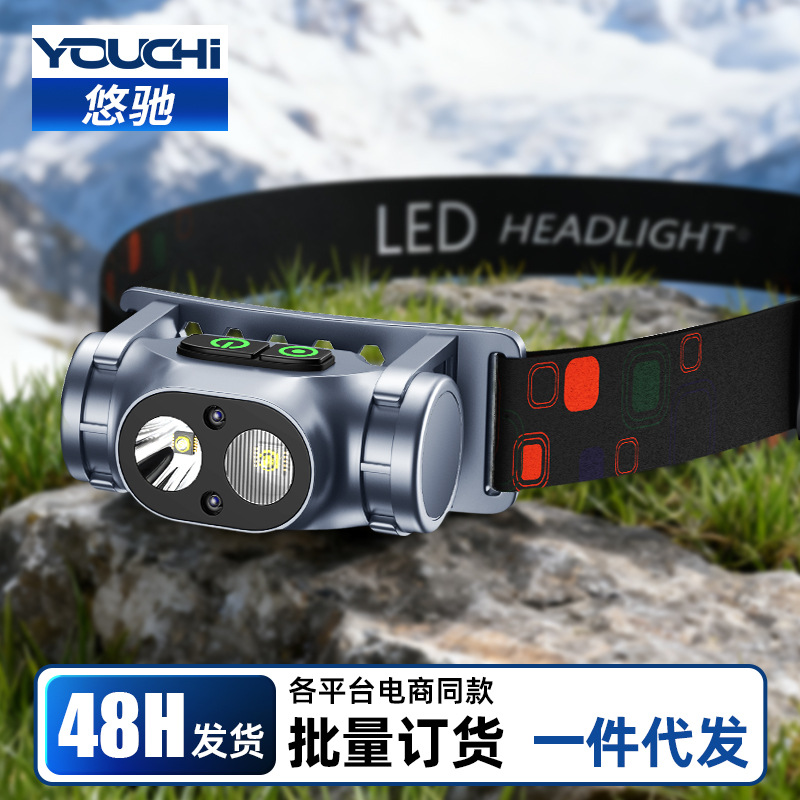 钓鱼头灯新款超亮感应充电头戴式照明灯大容量续航登山夜爬led灯