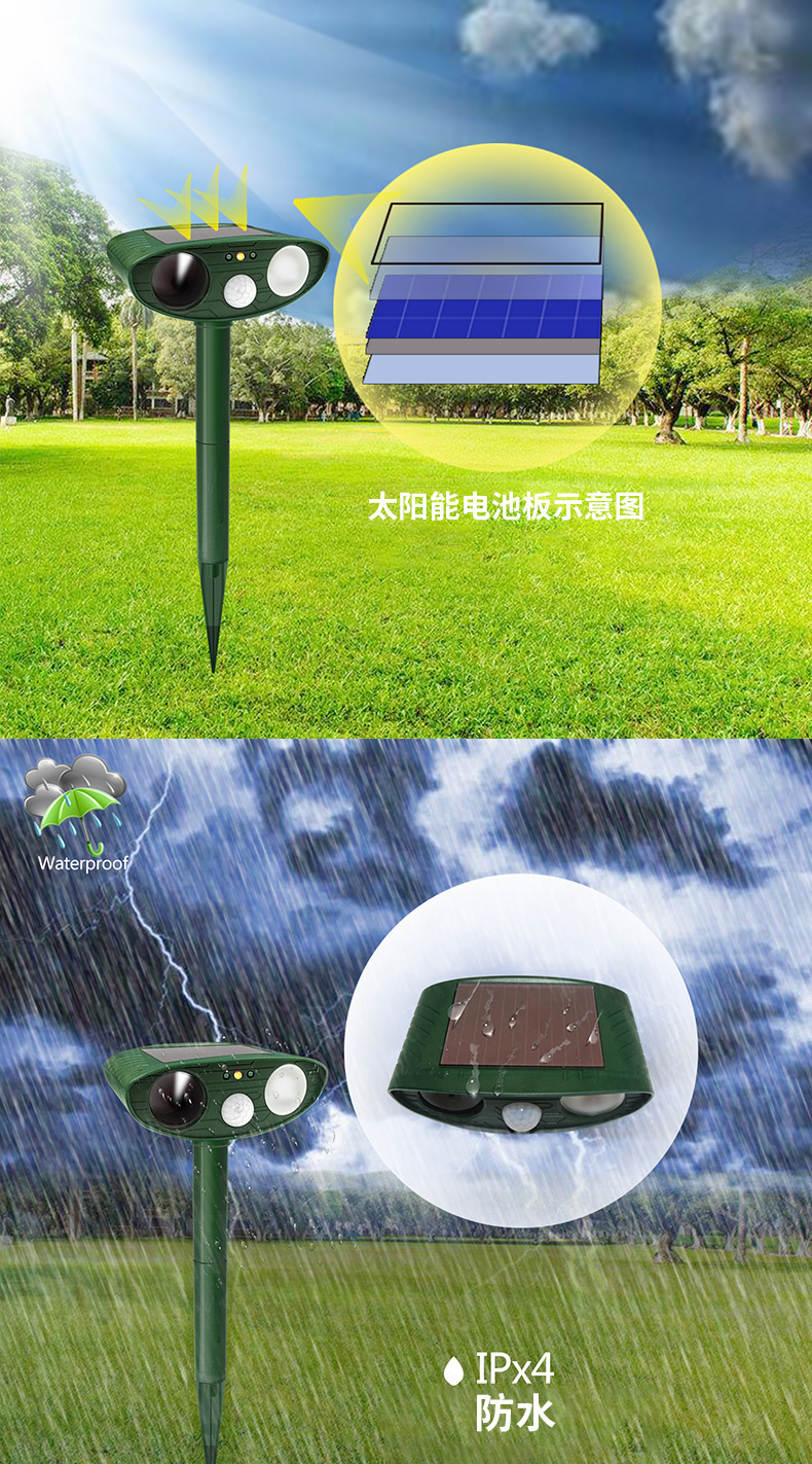 Multi functional outdoor solar ultrasonic animal repellent, mouse repellent, bird repellent, cat and dog repellent