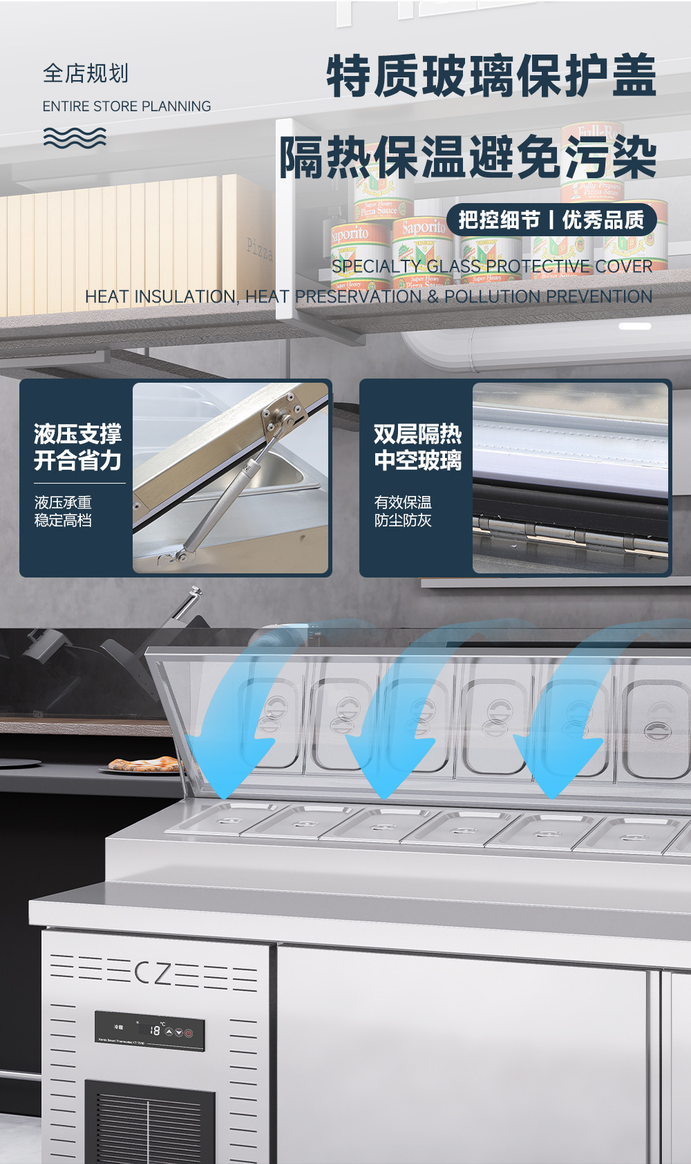 Cross border commercial refrigerated pizza spreading table display cabinet refrigerator air-cooled operation table slotted blue light salad table fruit