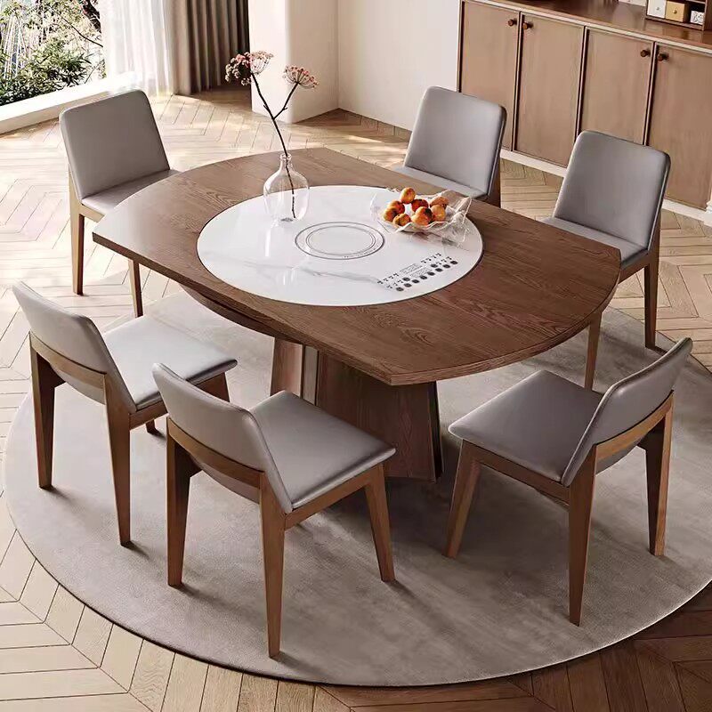Middle ancient style solid wood rock board jumping table, household embedded warm cutting board, electromagnetic stove, rotatable telescopic dining table