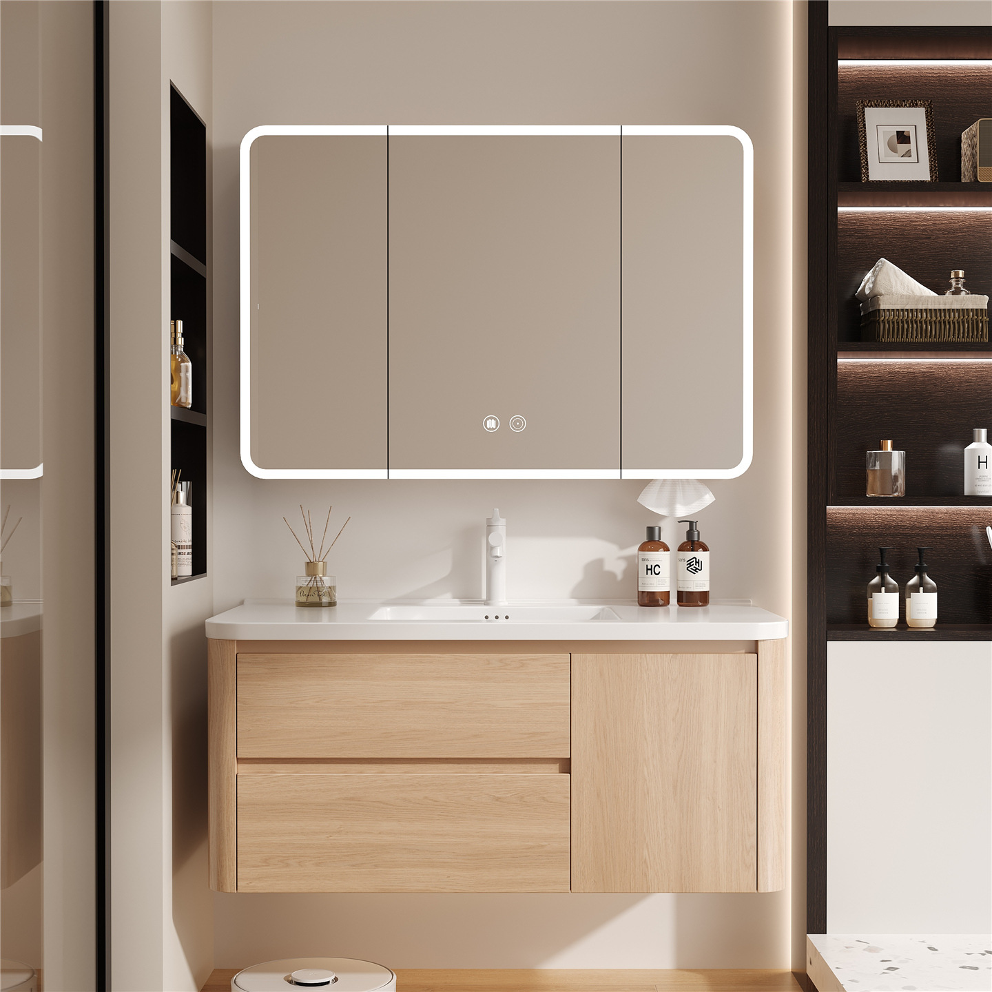 Wooden color Japanese style space aluminum honeycomb curved bathroom cabinet combined with ceramic integrated washbasin, washbasin, and washbasin