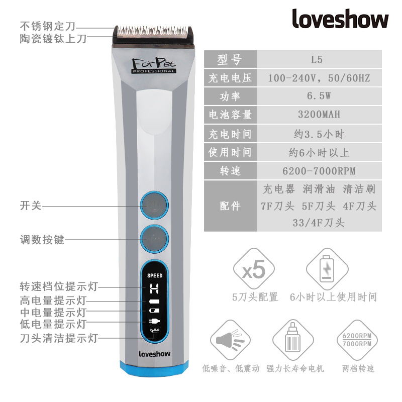 Akmei Loveshow Putch Pet Electric Push L5 L5 Mao Steel Knife Head Quie Electric Push и Dog Universal