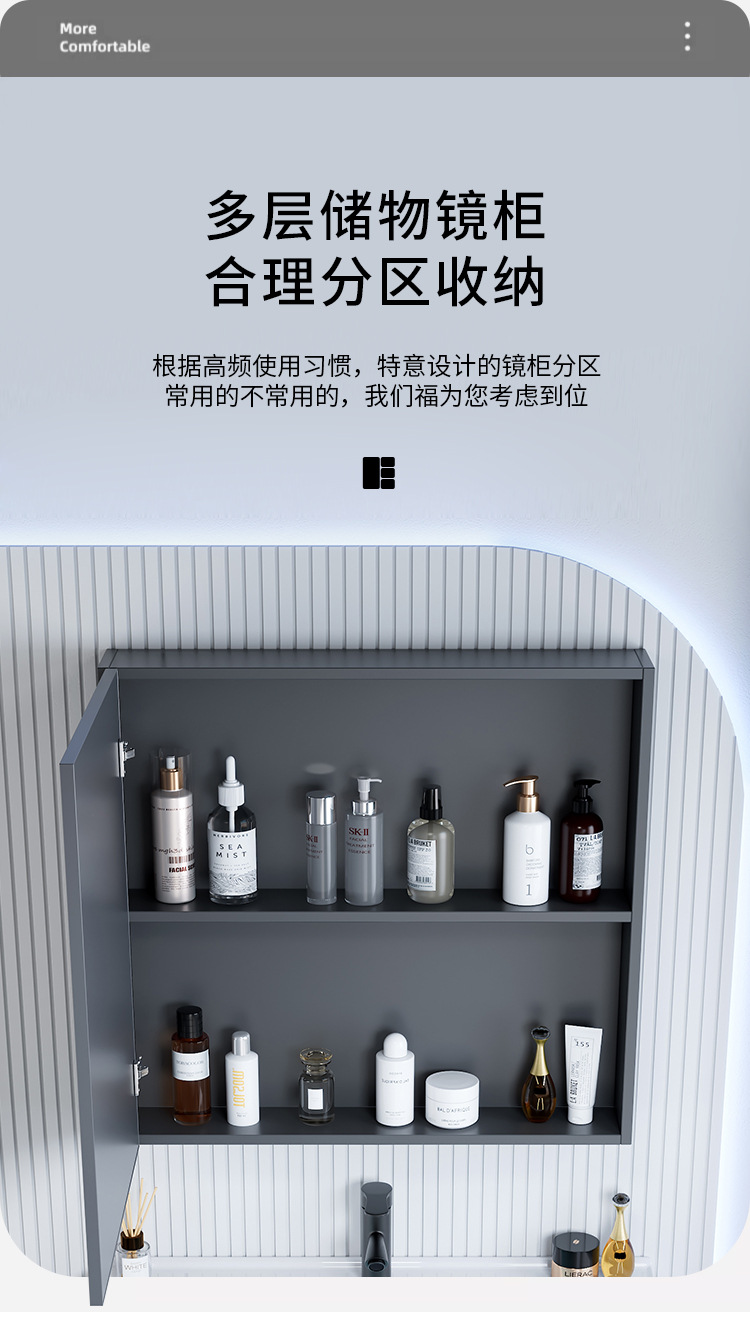 Beauty intelligent bathroom mirror cabinet, single cabinet, thickened wall mounted, intelligent with light and storage integrated mirror cabinet, mirror lens