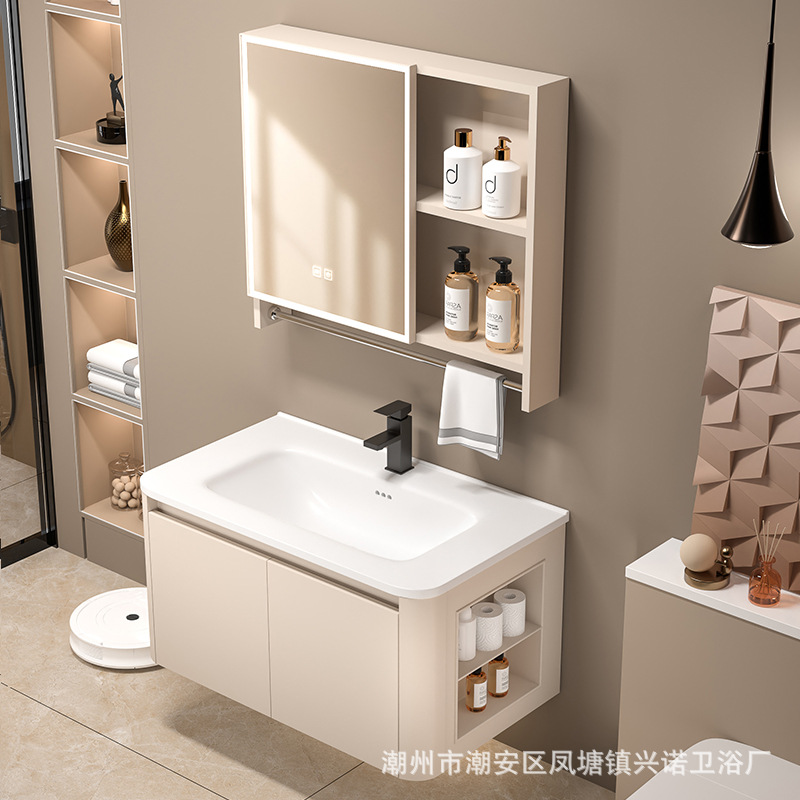 Cream wind honeycomb aluminum bathroom cabinet washbasin mirror cabinet combination bathroom ceramic integrated washbasin washbasin sink