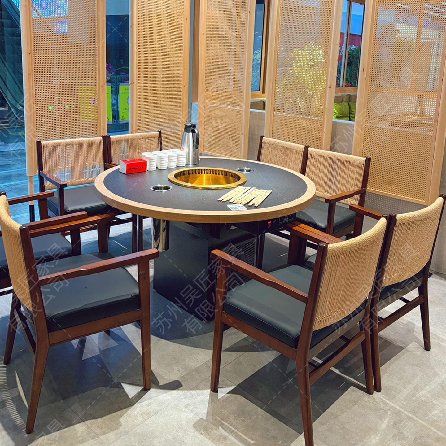 San Chushan Hot Pot Table Smoke free Induction Cooker Integrated Commercial Mountain Slow Fire Stove Stone Mountain Wild Style Chinese Restaurant Table and Chair