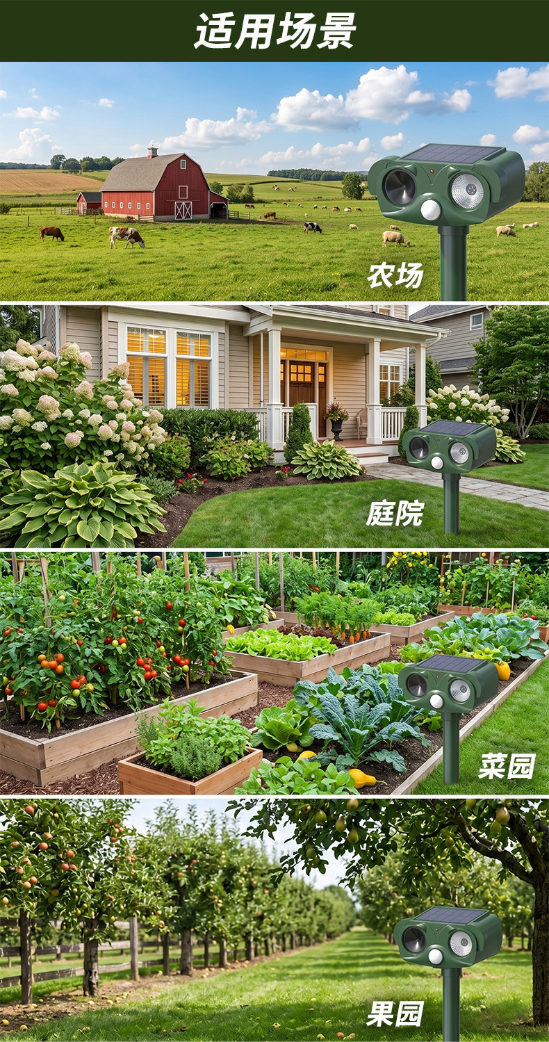 Cross border outdoor solar animal repellent, courtyard crop infrared induction, ultrasonic wave, snake and mouse animal repellent