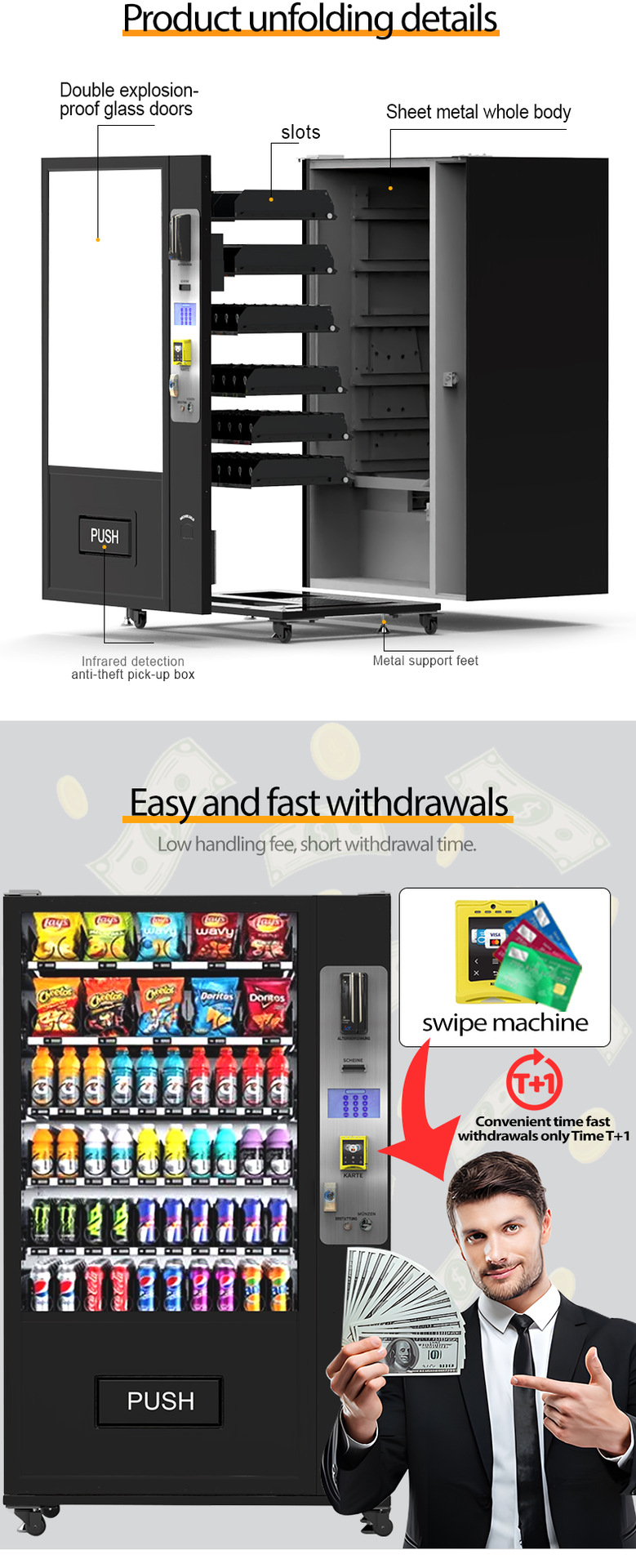 Export vending machine with 24-hour cooling, beverage vending machine, snack vending machine, self-service vending machine